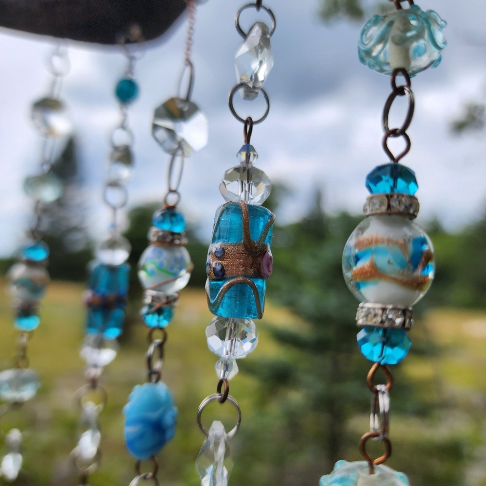 Driftwood Suncatcher Copper Blue Bead Curtain Blown Glass Hanging Crystal Decor